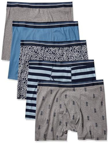 Amazon Essentials Men's Breathable Cotton Underwear Boxer Briefs, Tag-Free, Pack of 5, Floral Print/Pineapple/Stripe, Medium