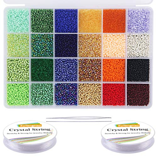 EuTengHao 14400 Glas-Rocailles, kleine Bastelperlen, kleine Pony-Perlen für DIY Armbänder, Halsketten, Basteln, Schmuckherstellung, Lieferungen mit zwei 0,5 mm transparenten Armbändern (24 Farben)