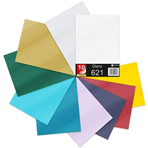 Finest Folia 10 x Din A4 Bögen Plotterfolie 621/631 Selbstklebende Folie im Set Vinyl zum Plotten DIY Bastelfolie Sticker Beschriftung Aufkleber 29,7x21cm Bunt matt, 10er Set