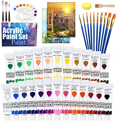 Vicloon 44 Pezzi Set Acrilici Pittura, 24 Colori Acrilica con Pennelli Raschietti Palette Tele Spugne Tavolozza Dipingere per Adulti Principianti e Professionisti per Carta Ceramica