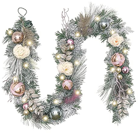 Valery Madelyn 6 Feet/183cm Pre-Lit Christmas Garland with Rose and Gold Baubles, LED Lights and Timer Function for Mantel, Door, Stair Decoration