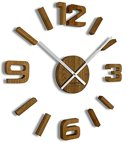 FLEXISTYLE Wanduhr groß DIY Wanduhren Holz Eiche große 50-75cm für Büro Wohnzimmer Schlafzimmer Dekoartikel ohne tickgeräusche Nicht tickend modern Natur holzoptik