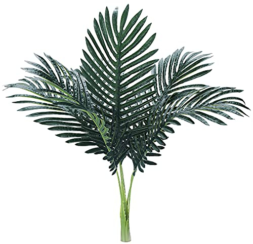 Worown 6 Pieces Artificial Palm Leaves with Stem, Faux Palm Plants Branches, Tropical Green Plant Leaves for Jungle Hawaii Birthday Barbecue Party Beach Theme Decorations