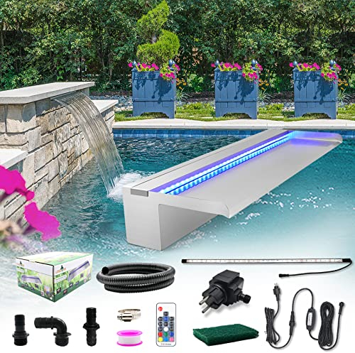 LONGRUN Wasserfall Edelstahl Pool Springbrunnen mit Mehrfarbig LED, Teich Brunnen Kaskaden Wasserfall für Garten Deko - 60x20x10cm