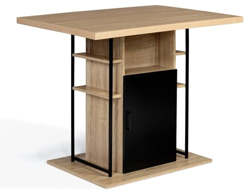 IDMarket - Ilot central UGO 110 cm bois noir et imitation hêtre avec rangements design industriel