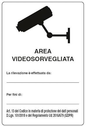 NEW CARTELLO SEGNALETICO - area videosorvegliata' simbolo telecamera nera - Adesivo Extra Resistente, Pannello in Forex, Pannello In Alluminio (PANNELLO IN ALLUMINIO 20X31 cm)