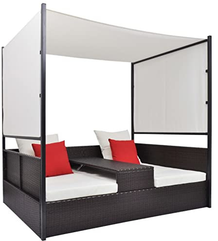 Gartenbett mit Baldachin, MogouLiegen, Sonnenliege, Liegeinsel Outdoor, Outdoor Bett, Doppelliege, Gartenliege, Daybed Outdoor, Braun 190×130 cm Poly Rattan