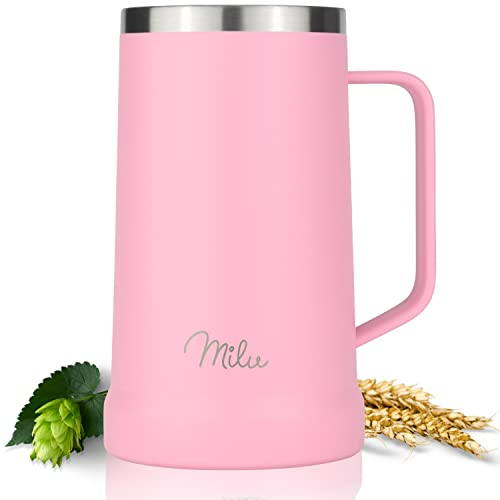 Milu chope de bière acier inoxydable | Verre à bière blanche isolant reste fraîche | Tasse à boire avec couvercle amovible | cadeau pour hommes (700ml, Rose)