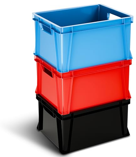 ARTECSIS Lot de 3 Caisses en plastique 29L - 41X34x24 cm - 3 Couleurs/Bac de rangement empilable