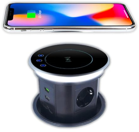 Premium Tischsteckdose mit versenkbarem Steckdosenturm, IP55, USB, Wireless Charger Induktions Ladestation und Beleuchtung für Smart Home Fahrbar App Steuerung