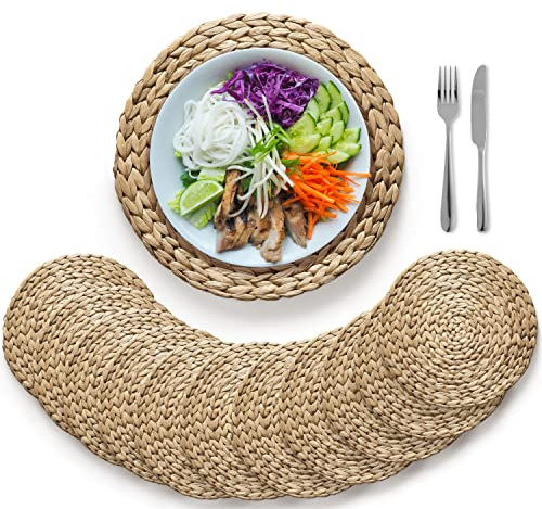 (Sizes:12-13''-14''-15'') BLUEWEST Woven Placemats (Set of 10), Round Rattan Placemats, Braided Water Hyacinth Wicker Mats, Heat Resistant & Non-Slip for Dinner Plates (15'')