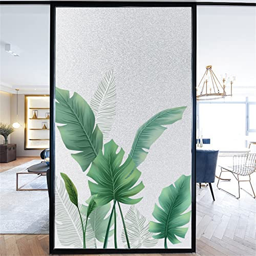 Fensterfolie selbsthaftend, Sichtschutzfolie für Fenster Statische Fensterfolie Wärmeisolierung Sonnenschutzfolie Scheibenfolie Anti-UV für Küche, Bad und Büro - 90x200cm Grüne Bananenblätter