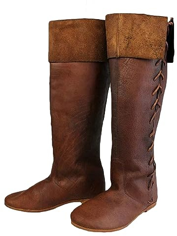 SIULAS Western Knee Boots - Medieval Knight Boots - Retro Gothic Pirate Witch Leather Shoes - Botas de cuero de PU -,Marrón,41