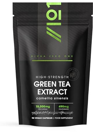 Green Tea Extract 15,000mg - 95% Polyphenols (490mg per Capsule) - 90 Vegan Capsules (3 Months Supply) - Resealable and Recyclable Pouch - by Alpha01