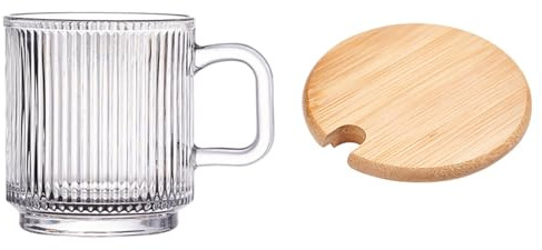 soulnioi 340ml Glass Coffee Cup with Lid and Handle, Coloured Glass Coffee Mugs, Ribbed Coffee Glasses for Latte, Cappuccino, Tea, Milk, Juice, Water (Transparent)