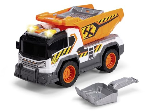 Dickie Toys - City Heroes Camion Dump Truck cm. 30, con luci e suoni, piattaforma di carico ribaltabile con setaccio di sabbia e pala rimovibile, a partire da 3 anni, 203306025