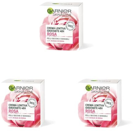 Garnier Crema Viso Idratante Lenitiva Skinactive, Ottima per Pelli Secche o Sensibili, Arricchita con Acqua di Rosa, 50ml (Confezione da 3)