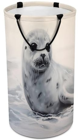 Harfe Seal Malerei Wäschekorb Wasserdicht Wäschekorb Wasserdicht Runder Schmutziger Wäschekorb mit Griff Faltbarer Waschkorb Aufbewahrungskorb für Kleidung und Spielzeug