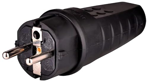 Spina in Gomma da Esterno, 230V, 16A, IP44, Cavo di Corrente Fino a max. 2,5 mm², Spina Infrangibile, Spina Impermeabile, Spina con Protezione Antipiega, Spina con Contatto di Terra (Nero)