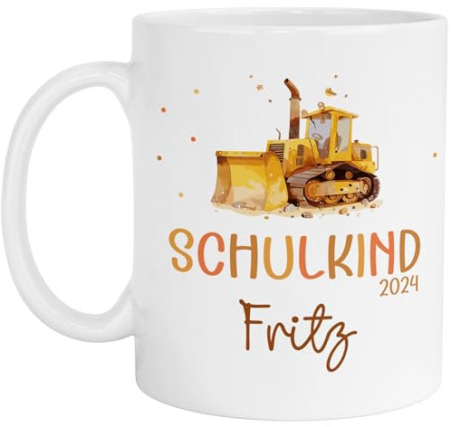 Schulkind 2024 2025 Tasse Emaille Becher Personalisiert mit Wunschnamen Kindertasse mit Namen zur Einschulung - Kindertasse zur Einschulung Kindergarten (Tasse Bagger Weiß)
