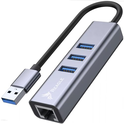 Reagle Concentrador USB A 3.1 con Gigabit LAN RJ-45 – 4 en 1 USB 3.2 Gen 1 adaptador para transferencia de datos de 5 Gb/s, Plug & Play, carcasa de aluminio, compatible con ratón, teclado, Ethernet