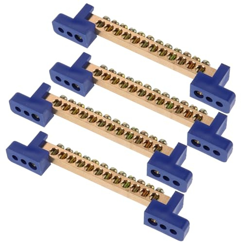 4pcs Copper Ground Bar Block with 12 Holes Terminal Positions | Blue Plastic Housing, Fast Conductivity, Equipment Grounding Connections, Powers Distribution