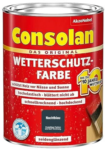 Consolan Wetterschutzfarbe, Deckender Holzschutz für Außen, Nachtblau, 750 ml