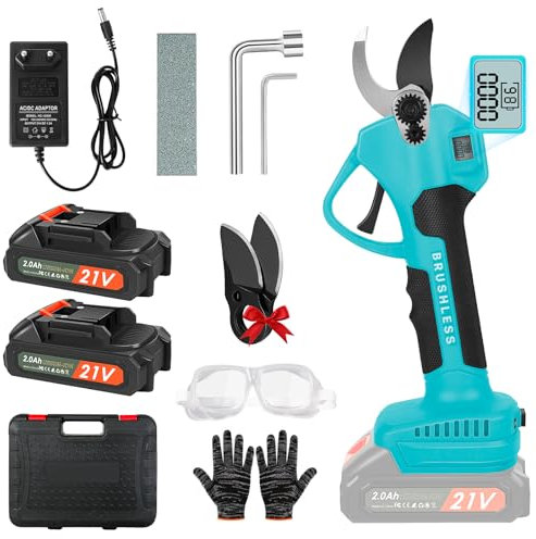 45mm Forbici Potatura a Batteria, Forbici Elettriche Con 2 Batterie Da 21v 2000mah e Set Di Lame Di Ricambio, Display LCD, Motore Senza Spazzole, Forbici Elettriche, Troncarami, Forbici (Blu)