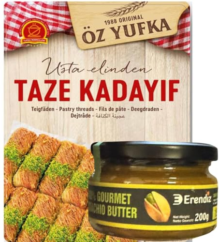 Pufai Erendiz - Pasta de pistacho 100%, 200 gramos, Kadayif Kadayifi, hilo de masa, especial para chocolate Dubai Kadayıf, pelo de ángel 400 gramos