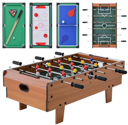 Maxmass 4 in 1 Multi Sports Table, 32 Inch Combo Game Table Set with Football, Air Hockey, Billiard and Table Tennis, Wooden Arcade Play Games for Family Gathering Party Bar (Natural)