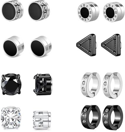 Konxi 8 Paar Edelstahl Magnetische Ohrstecker Silber Schwarz Ohrstecker Set Magnetische Ohrringe Herren Edelstahl Magnet Ohrringe für Männer Frauen