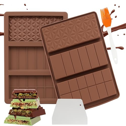 GOTFUN 3-in-1 Chocolate Moulds Silicone, 2PCS 3 Patterns Deep Chocolate Bar Moulds, Non-Stick and Durable Valentine Chocolate Maker with Oil Brush and Scraper for Gift-DIY and Daily Baking.
