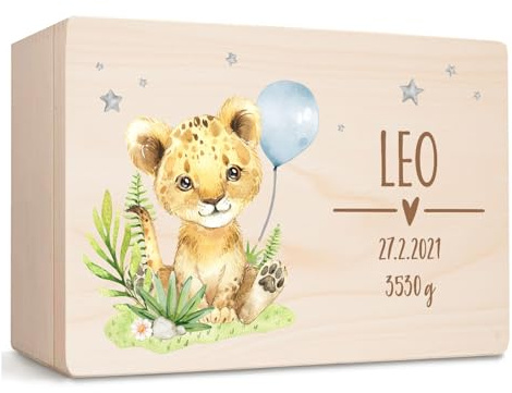 Little Deco Personalisierte Erinnerungsbox Baby Löwe | M - 30 x 20 x 13 cm | Erinnerungskiste mit Namen aus Holz Geburtstag Geschenkidee zur Geburt & Taufe für Jungen XHL1031-01