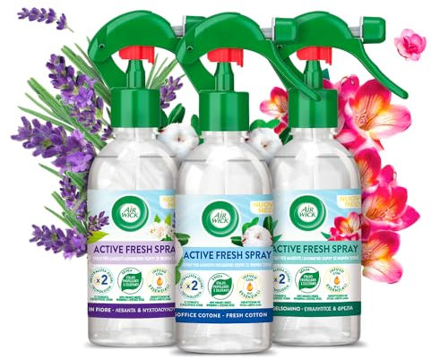 AirWick Active Fresh Spray kit Deodoranti per Ambiente: 1 Fresia e Gelsomino, 1 Soffice Cotone, 1 Lavanda in Fiore, Profumatore per Ambiente, 3x237ml