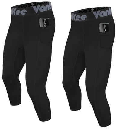 VanKee Men's Compression Trousers 3/4 with Pockets Sports Running Leggings Fitness Tights Pants Quick Drying Sweat Base Layer Bottoms for Basketball Soccer Yoga Gym