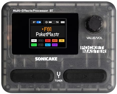 SONICAKE Gitarr effektpedal multieffekter 9 effektmoduler 100 förinställningar 20 ampere/cab gitarr effektprocessor OTG USB ljudgränssnitt BT med app Pocket Master transparent svart