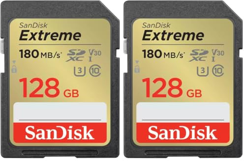 SanDisk Extreme SDXC UHS-I Speicherkarte 128 GB (V30, 180 MB/s Übertragung, U3, 4K UHD Videos, SanDisk QuickFlow-Technologie, wasserdicht, stoßfest, temperaturbeständig) (Packung mit 2)