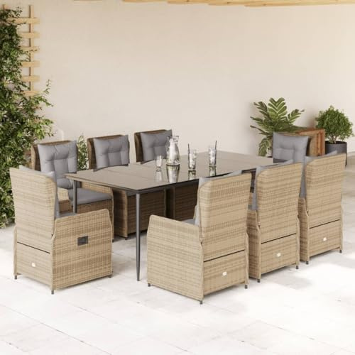 IKAYAA Gartenmöbel Set mit Tisch und 8 Verstellbare Hochlehner Stühlen, Polyrattan Sitzgruppe für 8 Personen, Essgruppe für Garten Terrasse, inkl. Sitzkissen Beige 9-TLG-Type-2