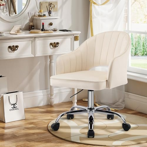 Sepnine Bürostuhl aus Samt, Schreibtischstuhl Mädchen, Schminktisch Stuhl Samt, Drehstuhl mit Rollen, mit U-förmiger Rückenlehne, Höhenverstellbar, Ergonomisch, Büro, Schlafzimmer, Bis 135 kg, Beige