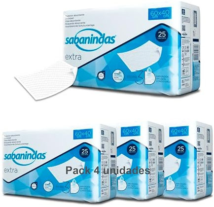 Indas - Salva Camas Sabanindas Extra - Pack 4 Paquetes de 25 Protectores de 60 x 40 - Protectores Absorbentes, Ideal para Incontinencia, Confort y Seguridad - Libre de Látex