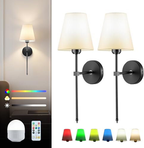 Warmiehomy Battery Operated Wall Lights Set of 2, Rechargeable Wireless Wall Sconces with Remote & Magnetic Bulb, 3 Color Temperature & 16 RGB Colors, Dimmable Cordless Wall Light for Indoor, Black