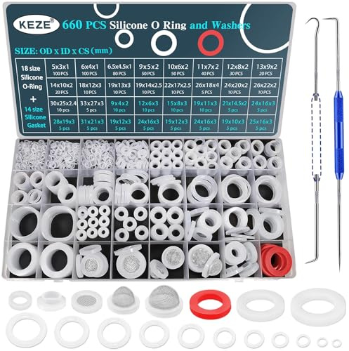 KEZE 660 pièces, assortiment de joints toriques en silicone transparent de de taille 18 et jeu de rondelles en silicone de taille 14e