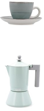 Quid Lote de 6 Tazas Con Platillo Cerámica 9cl Apto + Cafetera Aluminio Fundido 6 Tazas
