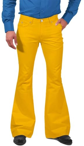 Bell Bottom Pants Herren Schlaghose Slim Fit Retro Hose Dress Up formelle Hose Disco ausgestellte Glockenhose Vintage Stretch Smart Hose Bootcut Groovy Fancy Hose für Party Festivals, gelb, L
