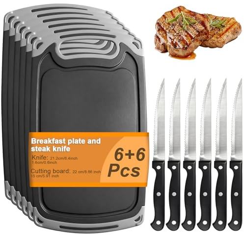 12 teilig Frühstücksbrettchen Set, 6 Schneidebrett aus PP-Kunststoff und 6 Steakmesser aus Edelstahl, BPA Frei Antibakteriell Saftrille Rutschfest & Spülmaschinenfest, Ideal für Brot Obst & Fleisch