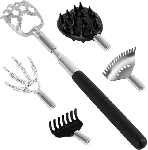 Rascadores de Espalda Extensibles,Rascador de espalda portátil,Rascadorde Espalda Telescópico de Acero Inoxidable,con 5 cabezales,para Elimina Picazón De Espalda Herramienta De Masaje Corporal