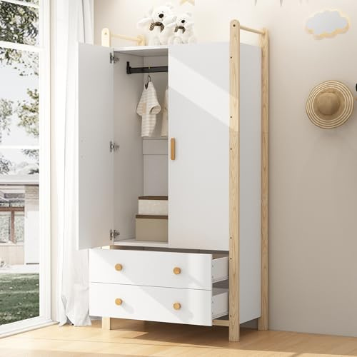 Armario de 2 puertas, armario con barra para colgar, 2 cajones, para dormitorio, salón, pasillo, armario de madera aglomerada, cuerpo blanco + marco de pino, 90 × 45 × 180 cm