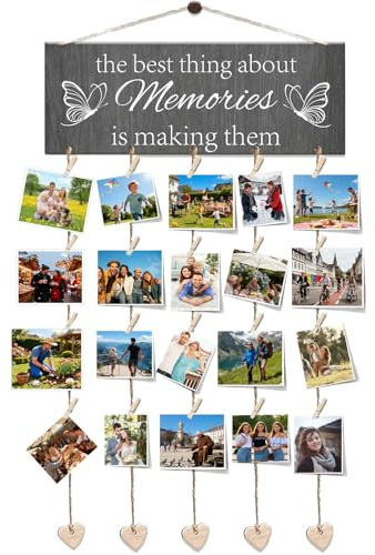 HLGniys Fotowand mit Klammern, Bilderrahmen-Collage Hölzerne Fotogirlande Kreativ Fotovorhang mit 20 Kleinen Holzklammern, 6 Fotoseil und 5 Herzen, Fotos zum Aufhängen zum Geburtstag, Party