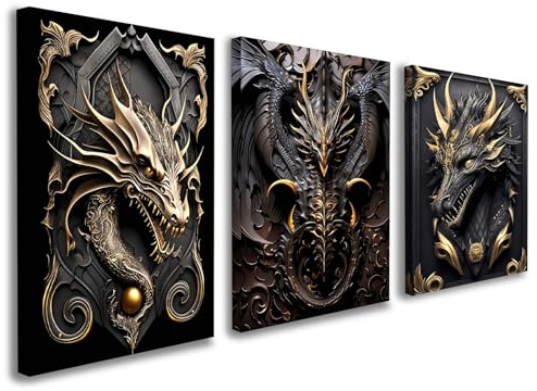 Set of 3 Framed Canvas Wall Art 12x16 Inch Dragon Artwork Fantasy Black and Gold Design Modern Wall Canvas Pictures for Living Room Bedroom Gaming Room Wall Decoration with Hooks and Magic Tape