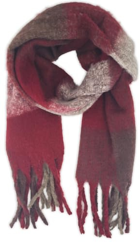 styleBREAKER Damen Webschal mit Karo Muster | Langer Schal mit dicken, langen Fransen | weicher Winter Strickschal warmes Material Stola, Farbe:Bordeaux-Dunkelbraun-Taupe